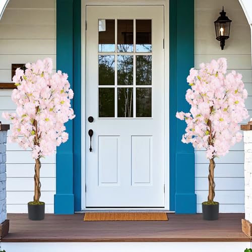 GOFLAME 5FT Artificial Cherry Blossom Tree, 2 Pack Faux Pink Silk Plant with Solid Wood Trunk, Realistic Moss and Nursery Pot, Fake Sakura Flower Tree for Home Office Indoor Decor