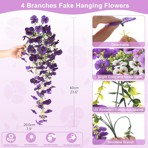 Fake Artificial Flowers for Outdoors, 4 Pcs Faux Hanging Pansy Flowers Spring Summer Decor, UV Resistant Fake Plants Silk Flower for Planter Front Door Porch Patio Yard Garden(Purple Yellow White) - color: Double Purple,white,yellow