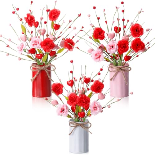 Zeyune 3 Sets Rose Berry Table Centerpiece, 6 Artificial Rose Berry Stems Picks with Metal Vase Pot, Fake Flower Arrangement for Wedding Reception, Anniversary Dinner, Mantel & Entryway Decor - color: 3 Colors, size: Rose