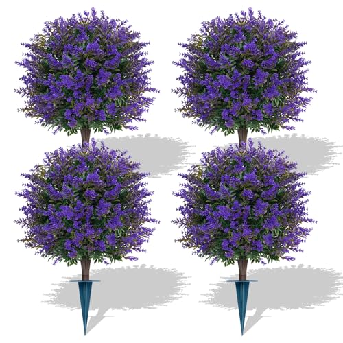 Grooy 4 Pack Artificial Lavender Topiary Trees with Ground Spike, Fake Shrubs UV Resistant Faux Plants for Outdoors, Faux Evergreen Bushes Plant for Front Porch Outdoor Garden Decor - color: Lavender Ball 4pcs