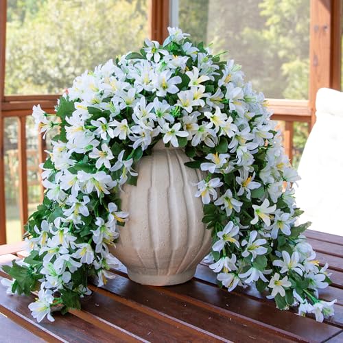 Ivydale Artificial Lily Flowers for Outdoors Fake Hanging Flower Vines for Outside Decoration, UV Resistant 2PCS Faux Plants for Patio Porch Balcony Garden Yard, White - color: White