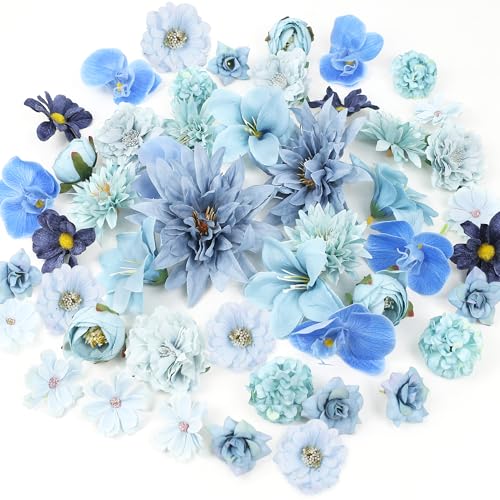 LACGO 48 PCS Fake Flowers Heads - Artificial Flower Heads Bulk Silk Faux Flower for Crafts Cake Blossom Wreath Garland Bouquets for Crafts Wedding Bridal Party Baby Shower Home Decoration(Blue) - color: Blue