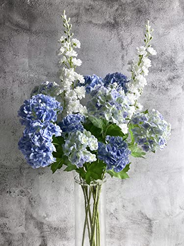 YalzoneMet 4 Pcs Artificial Snowball Viburnum Hydrangea Flower 26.8'' Blue Small Real Touch Faux Latex Long Stem for Christmas Home Decoration Xmas Table - color: Sky Blue