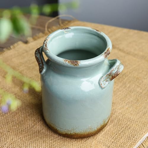 Quoowiit Ceramic Rustic Farmhouse Vase, Distressed Decorative Flower Vases for Home Decor, Ideal Shelf Decor, Green Boho Vase for Living Room Bedroom Kitchen Office Centerpiece Table Decorations - color: 6 Inch-green