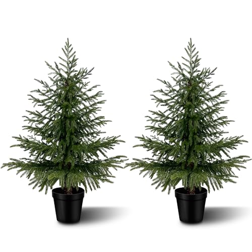 3FT Artificial Cedar Trees 2-Pack, Real Touch Faux Cedar Topiary Set in Black Pots, Indoor Outdoor Fake Evergreen Plants for Tabletop, Desk, Shelf Decor - color: 2, size: 3ft