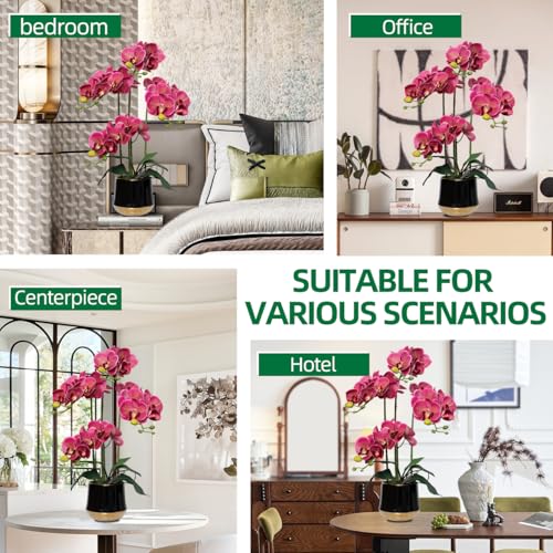 Artificial Orchid Flowers in Ceramic Vase Realistic Crimson Faux Orchids 19.5 Inch Fake Phalaenopsis Plant Arrangements for Home Indoor Centerpiece Decor (Set of 4 Stems) - color: Crimson, size: 14CM- BlackGolden