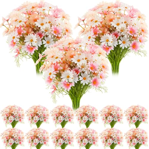 Giegxin 100 Pcs Artificial Daisy Flowers Bulk Realistic Fake Daisies Faux Wildflower Daisy UV Resistant Silk Fake Flowers Plants for Outside Wedding Garden Home Table Decor (White,Pink,Champagne) - color: White,pink,champagne