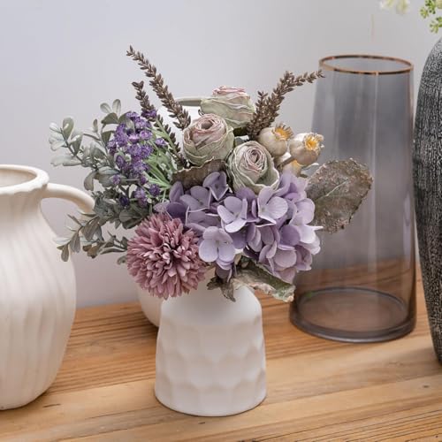 13-inch Small Artificial Fake Flowers for Table Arrangements, Silk Faux Bouquets with Three Roasted Edge Roses, Hydrangeas, Globeflower, babysbreaths, Ideal for the Kitchen or Bedroom. - color: Lavender