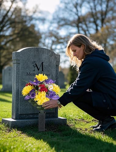Artificial Memorial Flowers for Cemetery: 2 Pcs Cemetery Flowers for Grave Decorations - Realistic Yellow Mums Purple Iris Bouquets with Vases for Gravisite Outdoor - color: Purple & Yellow