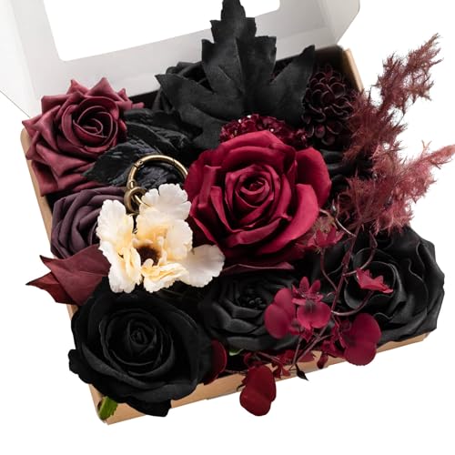 Ling's moment Fake Flowers Box, Faux Artificial Greenery Stems Foam Roses Dahlia Silk Maple Leaf Fabic Flower for Centerpieces Bouquet Wedding Vase Floral Decorations, Burgundy & Black, Mini Combo - color: Burgundy & Black