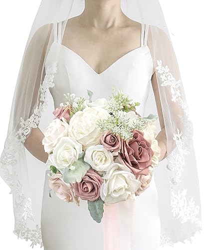 Lookein 10 Inch Wedding Bouquet for Bride Artificial Flowers Birdal Bouquet Tossing Bouquet for Wedding Ceremony Anniversary Bridal Shower, French Dusty Rose - color: 10" French Dusty Rose