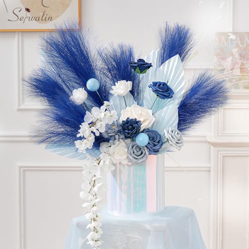 Serwalin 60PCS Pampas Grass Decor, 17.7Inch Sapphire Blue Artificial Pampas Grass Bulk Vase Filler Flower Arrangement for Home Wedding Decor - color: L Blue
