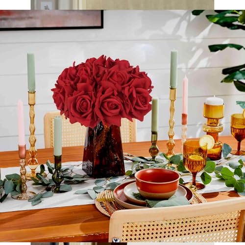 IPOPU Red Roses Artificial Flowers 2 Bouquets 10PCS Realistic Fake Roses Real Touch Faux Roses with Stems for Wedding Home Party Table Centerpieces Decoration(Red) - color: Red
