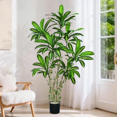 Dolicer 6FT Tall Look Real Artificial Dracaena Tree Indoor with Black Planter, Realistic Artificial Fake Faux Indoor Plants with Natural Trunk and Lifelike Leaves for Home Office Living Room - size: 6FT