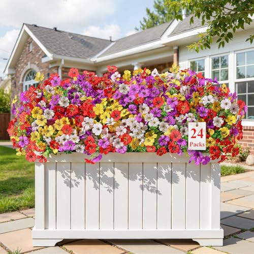 Alupssuc 24 Bundles Artificial Flowers for Outdoors Decoration, UV Resistant Silk Faux Floral Spring Fake Plastic Plants Greenery for Outside Indoor Home Porch Window Planter Decor, Mix 4 Colors - color: Red Purple Yellow White