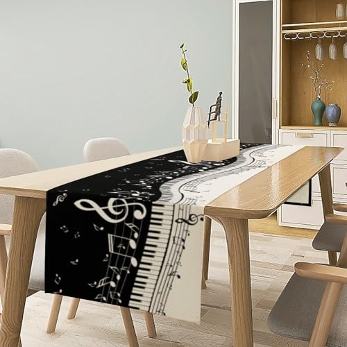 Music Table Runner,Retro Black White Piano Keys Table Runner for Home Indoor Outdoor Kitchen Holiday Party Wedding Decor 13x36 Inch - color: Music-3, size: 13x36in