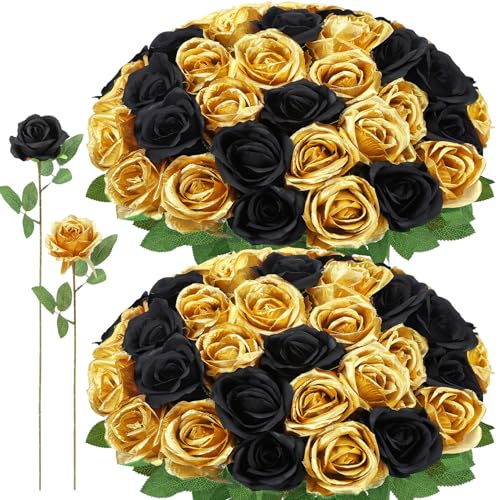 72 Pcs Artificial Roses Gold, Black Fake Silk Roses Realistic Roses Faux Flower Indoor Wedding Home Decor, Birthday Decorations - color: Gold,black