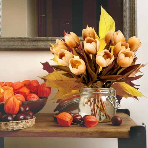 6 PCS 20inch Fall Artificial Tulip Orange Silk Tulips Flower Faux Autumn Tulip 3D Real Touch Flowers for Home Party Wedding Floral Arrangement Centerpiece Table Party Decoration(Orange)