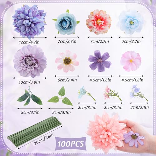 Janinka 100 Pcs Blue Purple Pink Assorted Fake Flower Heads with Long Stem Mini Artificial Flower Bulk Mix Silk Faux Daisy for Crafts Fake Peony Rose for DIY Wedding Party Wreath Home Decoration - color: Blue Purple Pink
