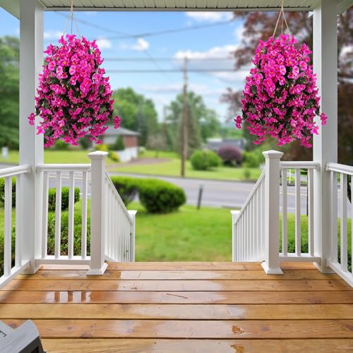 Sggvecsy Artificial Fake Hanging Flowers Plants for Outdoor Outside Spring Summer Decoration 4PCS Faux Silk UV Resistant Realistic Morning Glory Trailing Vines for Home Porch Patio Balcony(Purple red) - color: Purple Red, size: 4Pcs