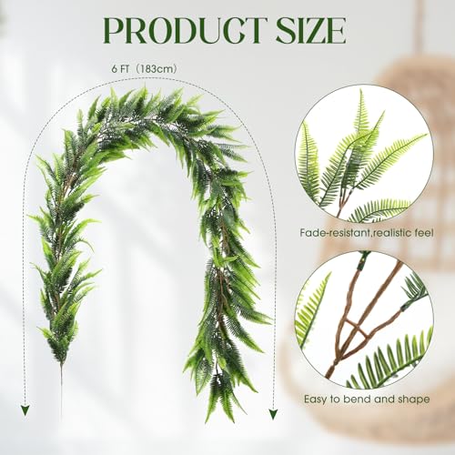 Yinder 4 Pack 6ft Artificial Greenery Garland Hanging Boston Fern Garlands Lifelike Leaf Green Fake Vines for Spring Summer Indoor Wall Mantel Home Decoration Wedding Arch Party Decor
