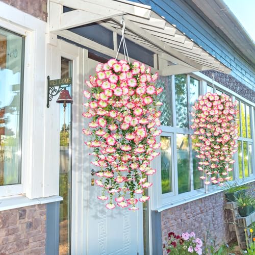 TOCHGREEN Artificial Fake Hanging Flowers Plants for Outdoor Decoration 2PCS Faux Silk Morning Glory Flowers UV Resistant Hanging Plants for Home Porch Patio Garden Planter Decor (Pink, 2PCS) - color: Pink, size: 2PCS