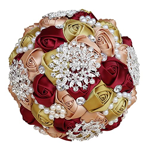 Sharebeauty 7.9 Inch Handmade Satin Rose Bridal Bouquet Toss Round Wedding Bouquet Throw Toss Artificial Flower Bunch Brown Yellow + Dark Red + Pale Gold - color: W3217d12 Brown Yellow/Dark Red/Pale Gold
