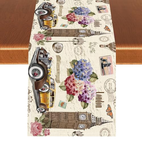 British Table Runner, Seasonal Vintage Floral England London Culture Element Coffee Table Center Decor for Home Kitchen Dining Patio Holiday Party Table Decorations 13x36 inches - color: Tr-england01, size: 13x36" Table Runner