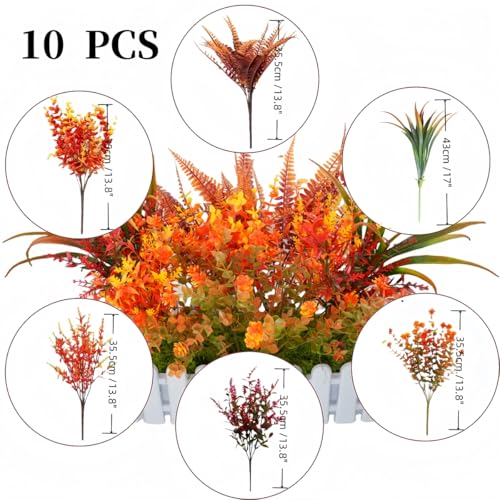 Artificial Fall Plants, 10 Bundles Faux Plants Autumn Indoor Outdoor Decoration Fake Plastic Mix Artificial Plant Flowers for Home Thanksgiving Christmas Wedding Party Porch Patio Garden Decor
