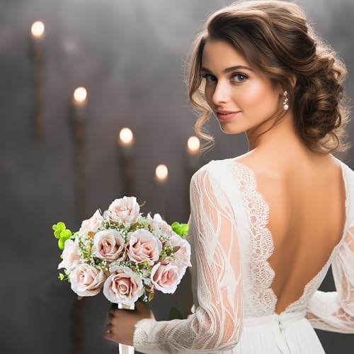 Pink Champagne Roses 10 in, Fake Flowers Wedding Bouquets for Bride, Wedding Silk Artificial Flowers 10pcs for Wedding Party, Ceremony, Anniversary & Home Decor (Come with 3 Styles of 4.5 ft Ribbons) - color: Pink Champagne, size: 10 pcs * 10 inches