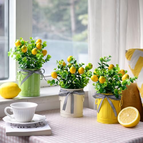 3 Pack Spring Lemon Decor for Kitchen, Artificial Lemons Branches with Colorful Metal Pots, Spring Summer Farmhouse Greenery Decoration for Home Kitchen Living Room - color: Lemons Branches + Pots