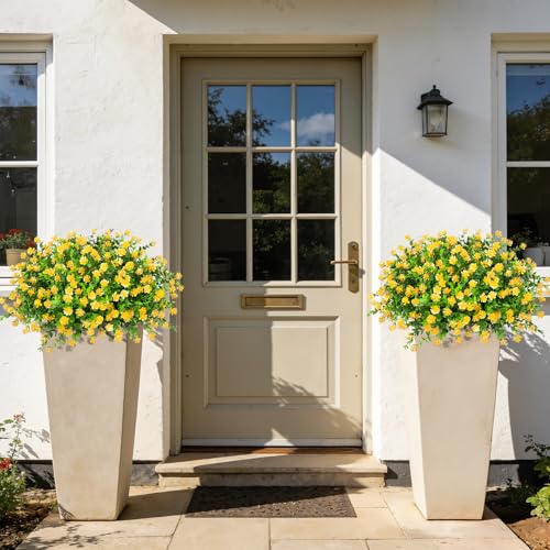 Roberly 24 Bundles Artificial Flowers for Outdoors, UV Resistant Eucalyptus Fake Flowers Shrubs Greenery Plastic Plants for Garden Porch Window Box Farmhouse Indoor Home Decor, Yellow - color: Yellow