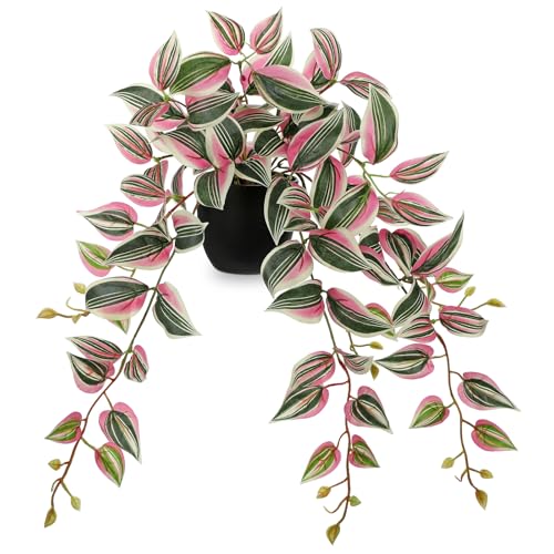 DILATATA Fake Plants Artificial Potted Plants 20 Inch Faux Peperomia Ivy Vine Plant Hanging Plant for Home Office Desk Shelf Indoor Outdoor Decor - color: Wandering Jew-green&pink