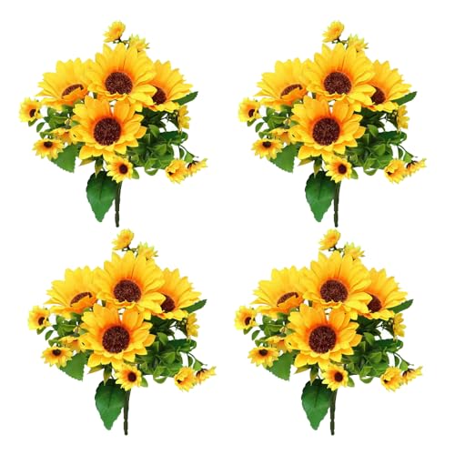 4 Bunches Artificial Sunflower Bouquet, Fake Silk Sunflower Flowers, Realistic Silk Sunflowers for Home Hotel DIY Craft Wedding Party Decoration Indoor and Outdoor Decor, XRK-4