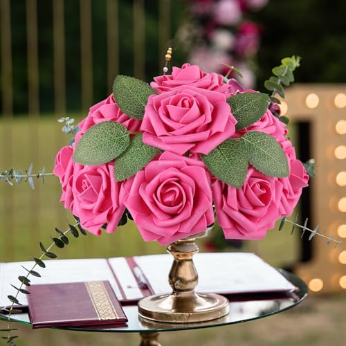 AmyHomie 25pcs Real Looking Artificial Hot Pink Roses w/Stem for DIY Wedding Bouquets Centerpieces Arrangements Party Baby Shower Valentines Day Christmas Tree Decorations - color: Hot Pink