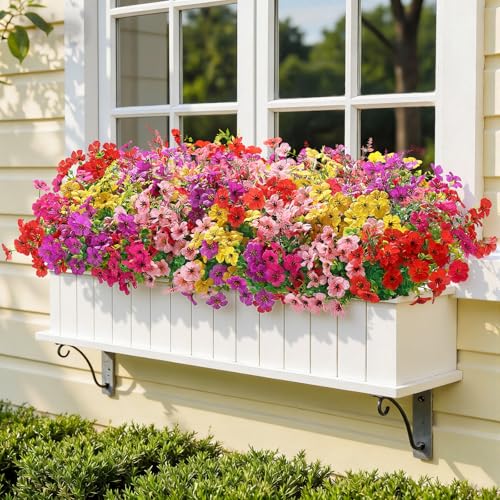 SHareconn 24 Bundles Artificial Flowers for Outdoors Decoration, Faux Plants Fake Silk Colorful Daisy Eucalyptus Lavender, UV Resistant for Outside Home Porch Patio Indoor Spring Decor, Mix 5 Colors - color: Redrosypurpleyellowpink
