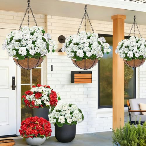 TURNMEON Artificial Geraniums Flowers for Outdoors Summer Decoration, 4 Bundles Fake Flowers Silk White Flowers UV Resistant No Fade Faux Plants for Planter Gardens Table Porch Indoor Cemetery Decor - color: White