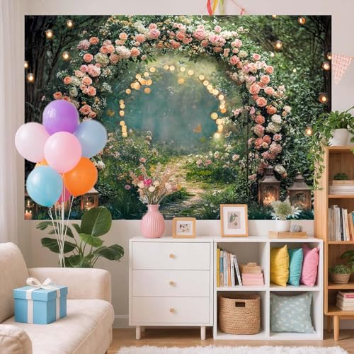 5x4ft Enchanted Forest Wedding Photography Backdrop Wonderland Roses Fairy Tale Backdrop Pink Flower Birthday Newborn Baby Shower Wedding Bridal Party Banner Photo Booth Props Anniversary Background - color: Multi6, size: 5X4FT