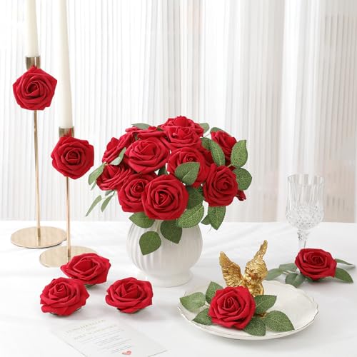 DerBlue 60pcs Artificial Roses Flowers with stem and 10pcs Green Leaves Real Looking Fake Roses Artificial Foam Roses Decoration DIY for Wedding,Arrangements Party Home Decorations - color: Dark Red