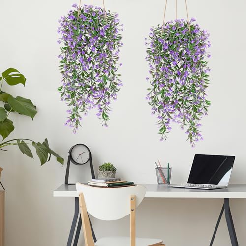 TOCHGREEN 4Pcs Artificial Hanging Plants Fern Vine, Faux Plastic Plants Fake Ivy Vine Greenery Garland with Purple Flower, Outdoor Indoor Decorations for Living Room Balcony Garden Wall Home Decor - color: Purple