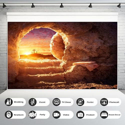 Empty Stone Tomb Backdrop Sunrise Sunset Jesus Christ Crucifixion Resurrection Cave Photography Background Holy Lights Three Crosses God Bless Jesus Christian Easter Christian Backdrop 5x3ft - color: Sunset Golden, size: 5x3ft