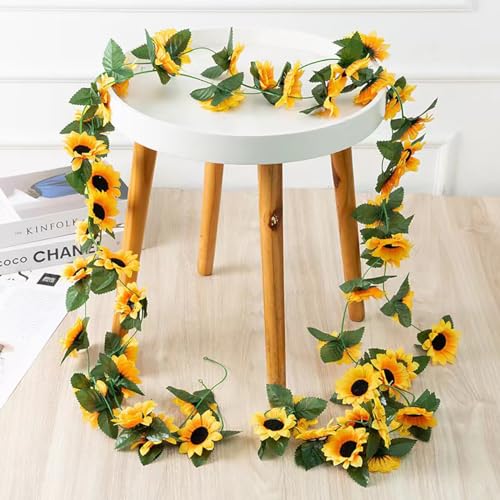 2 Pack Artificial Sunflower Garland Faux Silk Decor Sunflower Vine Hanging Flowers for Outdoor with Green Leaves Home Wedding Party Decoration