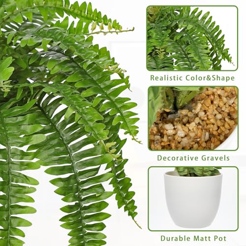 Hollyone Artificial Fern Plants in White Pot 25.5" Medium Artificial Boston Fern 31 Leaves for Outdoors & Indoor Faux Potted Plants Fake Ferns Bush Plant Patio Garden Farmhouse Porch Home Decor Green - color: White Pot - Green Medium