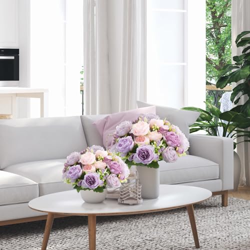 Geosar 8 Bundles Artificial Peonies Flowers Fake Silk Peony Bouquet Faux Peonies Flowers Bulk for Decoration Vase Floral Arrangements Wedding Party Table (Gray Purple,Light Purple) - color: Gray Purple, Light Purple
