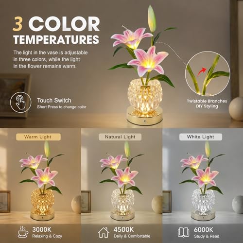 Lily Flower Lamps, 3 Colors Touch Stepless Dimming Glass Night Light, Rechargeable Artificial Flower Light, LED Flower with Vase Lamp Romantic Decor for Date Party Home (Pink - Lily) - color: Pink - Lily