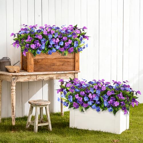 Hommyea Artificial Fake Flowers for Outdoor, 6 Bundles UV Resistant Faux Plants Decoration Silk Flowers No Fade Plastic Flowers for Outside Planters Home Porch Patio Yard Garden Decor - color: Double Purple,dark&light Blue
