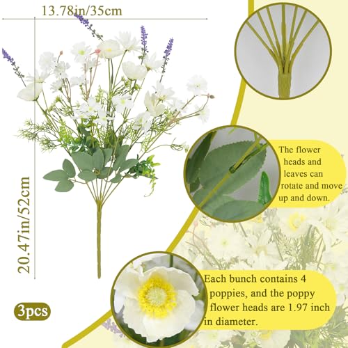 CISDUEO 3Pcs Artificial Wildflowers Flowers Silk Spring Floral Stems Arrangements White Poppies Flowers Daisies and Lavender Faux Wild Flower for Party Indoor Home Vase Wedding Table Summer Decoration - color: White, Purple, Green