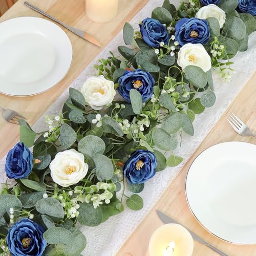 TOCHGREEN 4 Pack Artificial Eucalyptus Flower Garland with White and Blue Roses, Fake Rose Flower Greenery Garland Floral Vines for Wedding Home Party Table Runner Decor (Blue White, 4PCS) - color: Blue White, size: 4PCS