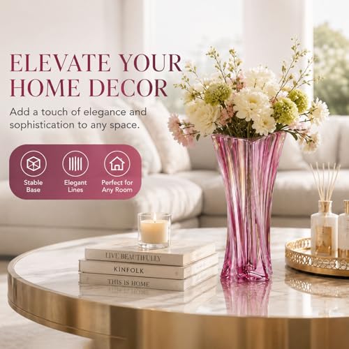 Crystal Glass Vase – Heavy Crystal Vase for Flowers with Weighted Bottom, Thick Durable Decorative Vases for Modern Home Decor, 9.8″ 3.5lb Clear Centerpiece (Gradient Pink X 2) - color: Gradient Pink X 2