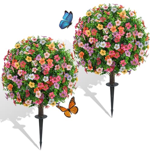 Dense Multi-Color Artificial Flower Topiary Ball Trees 24 Inch, Set of 2 Fake Plants with Ground Spike, UV Resistant No Fade Faux Bushes for Spring Garden, Patio, Porch, Yard, Outdoor Decor - color: Colorful
